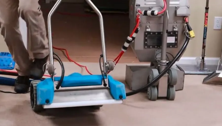 Water extraction equipment removing water from saturated carpet and padding