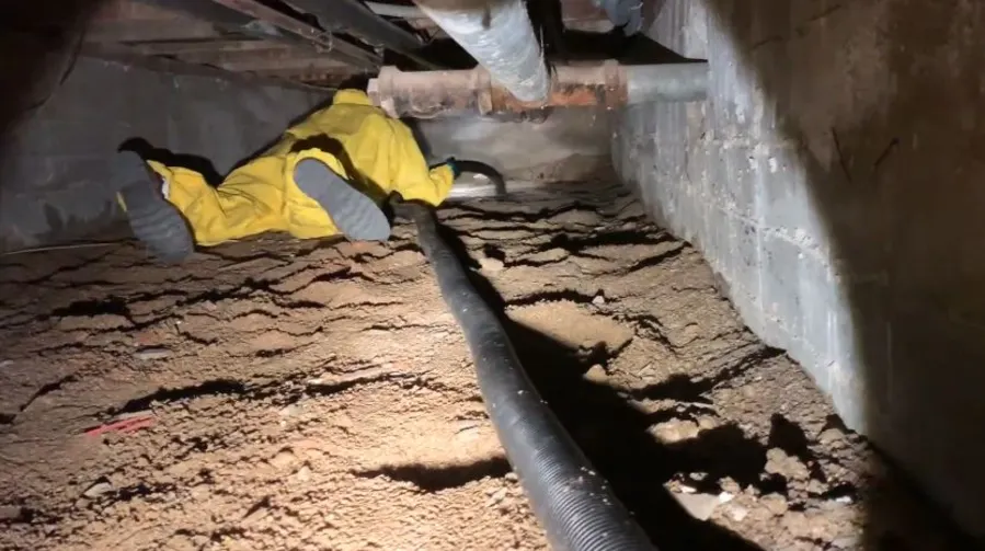 Garland Restore technician in a crawl space performing emergency sewage cleanup in Garland, TX
