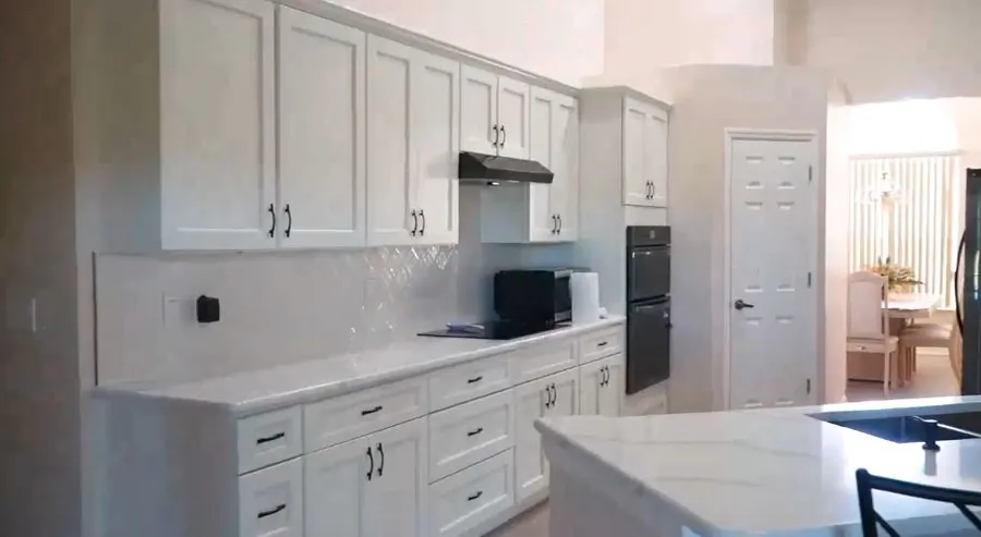 Restored kitchen interior after fire damage repairs were completed