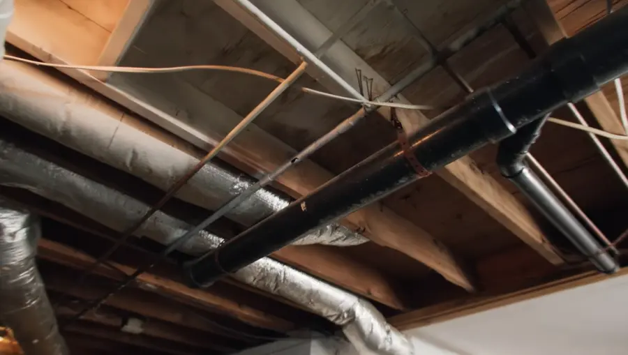 Exposed plumbing pipes and ductwork under floor joists during a water damage inspection