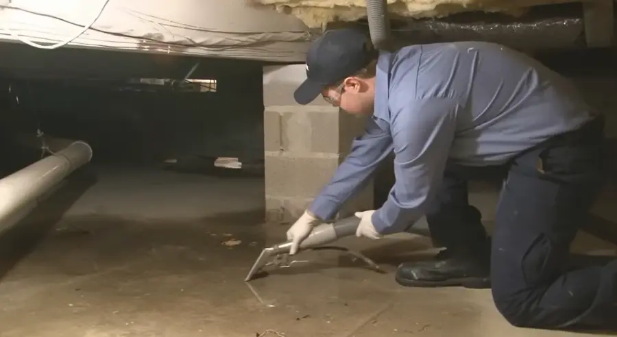Flood damage restoration Garland technician extracting standing water from a crawlspace floor